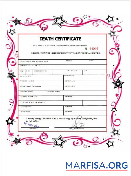 Realistic United Kingdom General Registry office death certificate example